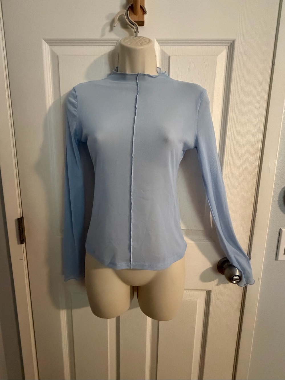 ZARA Light Blue Semi-Sheer Mesh Mock Neck Long Sleeve Top - Size Medium